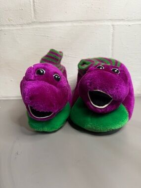 Vintage Barney Dinosaur Plush Slippers Purple Green Kids XL 11–12 1993